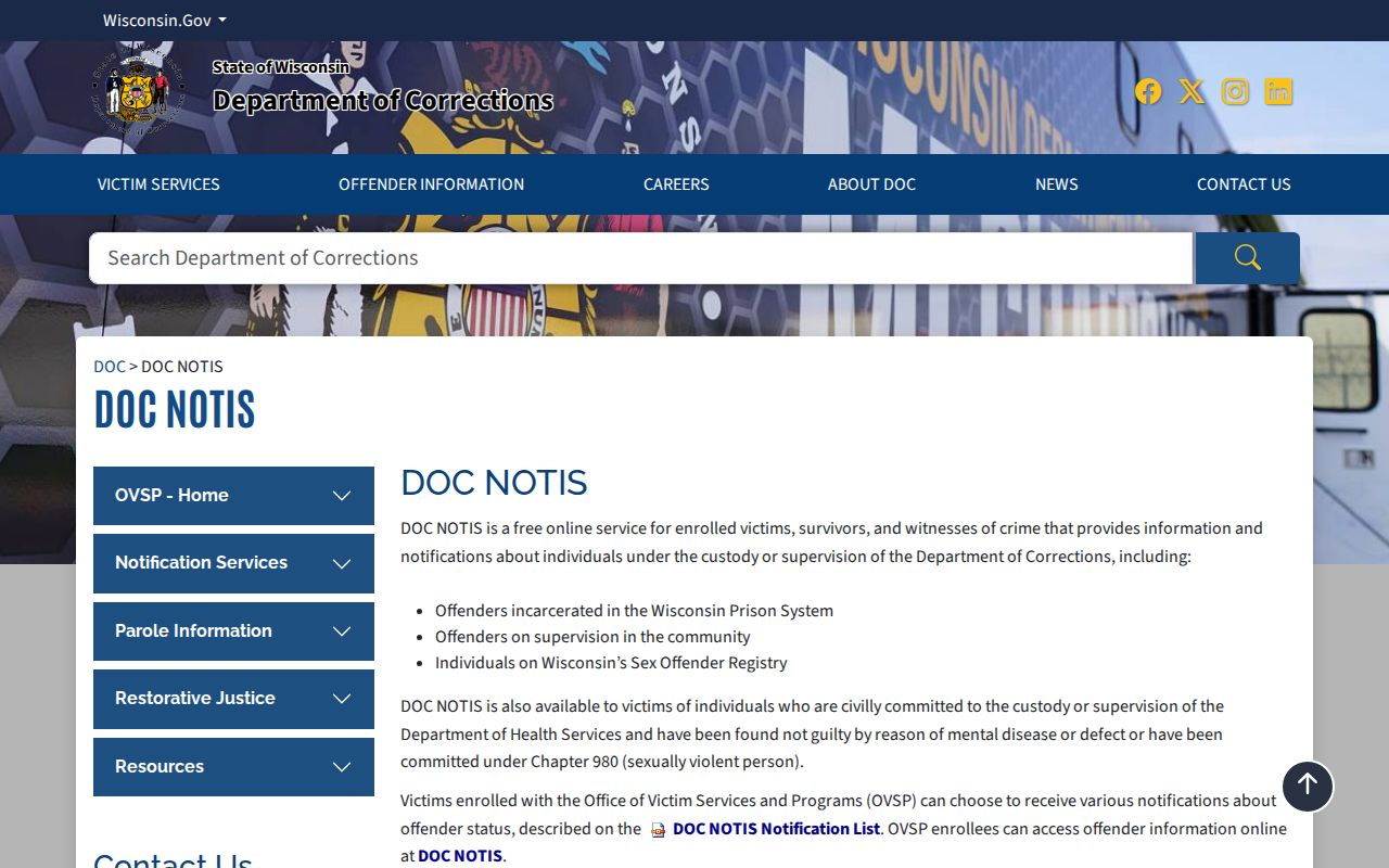 Wisconsin DOC NOTIS information for eligible Green County registry notifications