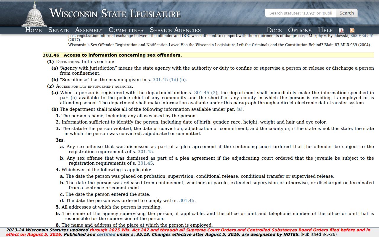 Wisconsin disclosure law for Green County sex offender registry information