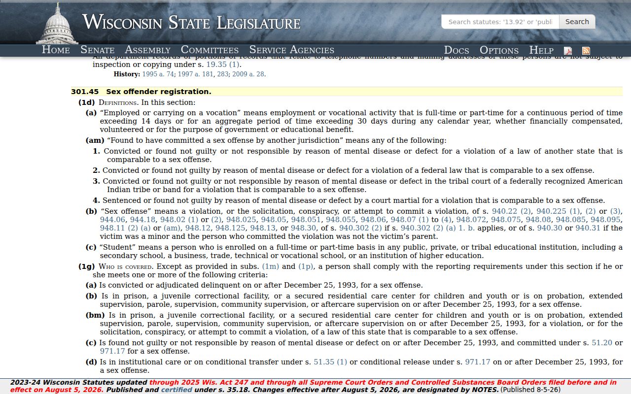 Wisconsin registration statute used in Green County sex offender checks