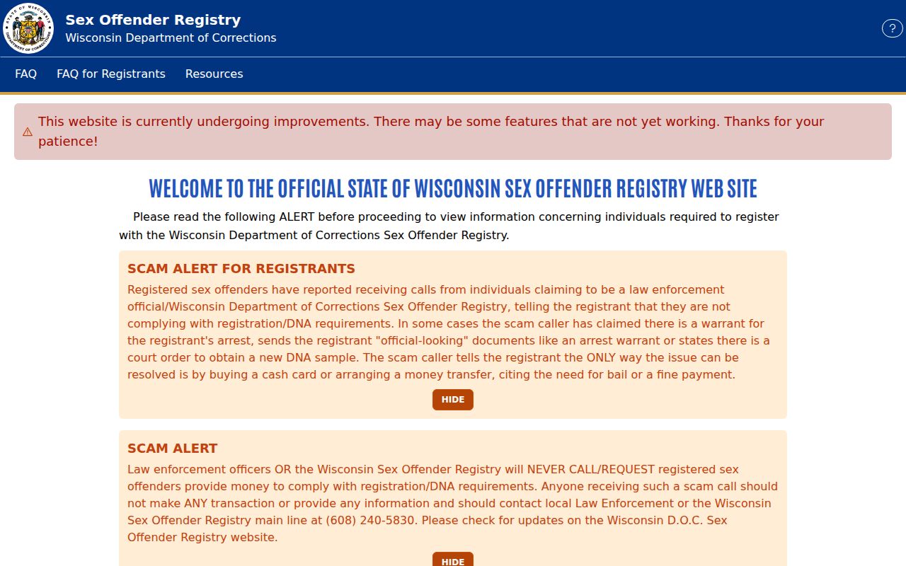 Green County sex offender lookup on the Wisconsin DOC registry search screen